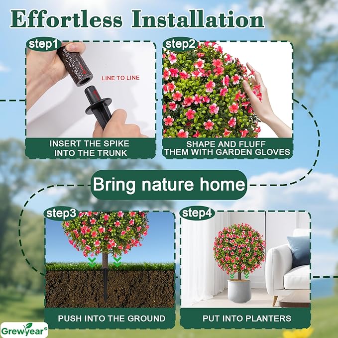 Artificial Topiary Ball with Ground Spike Set of 2, Faux Boxwoods for Outdoor Planters, UV Resistant Artificial Outdoor Plants for Porch, Fake Bushes Round Flower Shrub with Pink Lilac