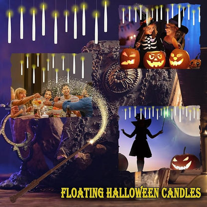 Floating Candles with Wand, 24PCS Hanging Candles with Remote Wand, Warmwhite Flickering Flameless Magic Floating Candle Lights for Halloween Christmas Decorations