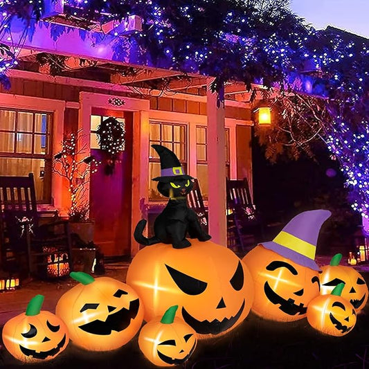 8FT Long Halloween Inflatables Pumpkin Outdoor Decorations, 7 Blow Up Pumpkins Inflatables with Witch Hat & Black Cat Built-in LED Lights for Halloween Party Yard Garden Lawn Decorations