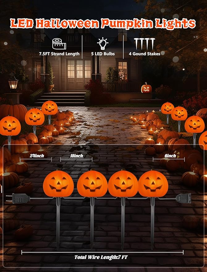 Halloween Pumpkin Pathway Lights, 4PCS 3D Pumpkin Light with Stake, C7 Outdoor Connectable Pumpkin Shaped Pathway String Lights for Patio Yard Lawn Walkway Halloween Party Decor, Black Wire