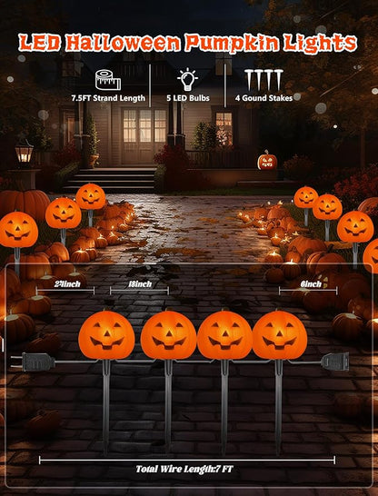 Halloween Pumpkin Pathway Lights, 4PCS 3D Pumpkin Light with Stake, C7 Outdoor Connectable Pumpkin Shaped Pathway String Lights for Patio Yard Lawn Walkway Halloween Party Decor, Black Wire