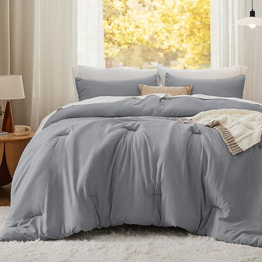 Bedsure Queen Size Comforter Set, Grey Soft Prewashed Bedding for All Seasons, 3 Pieces GentleSoft™ Warm Down Alternative Bed Set, 1 Lightweight Comforter (90"x90") and 2 Pillowcases (20"x26")