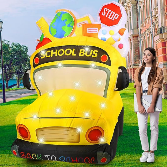VIHOSE 5.4 Ft Back to School Inflatable Decorations First Day of School Bus Blow Up Yard Decor Build in LED Lights for Party Outdoor Garden Lawn Holiday