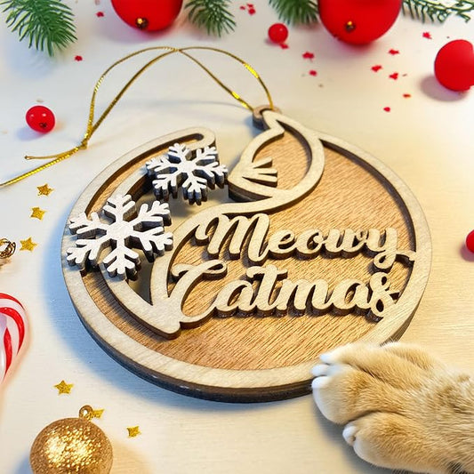 Meowy Catmas Wooden Christmas Ornament - Festive Cat-Themed Holiday Decoration for Cat Lovers - 2024