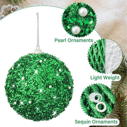 6pcs 3.94" Christmas Ball Ornaments Glitter Shatterproof Christmas Tree Ornaments Sequin Xmas Hanging Balls Decorations for Wedding Party Holiday(Green, 6pc-10cm)