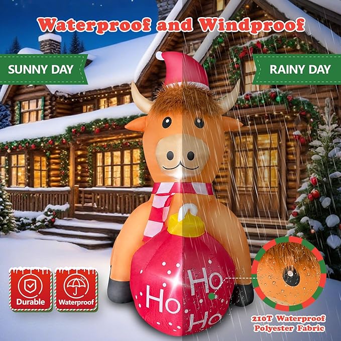 Christmas Inflatable Cow Outdoor Decoration with Christmas Ball, 4FT Blow Up Yard Decoration with Built-in LEDs for Garden Lawn Indoor Party Holiday Decor