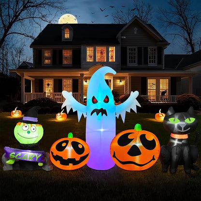 8FT Long Halloween Inflatable Outdoor Decorations Pumpkin Ghost and Black Cat Inflatable Yard Decoration with Build in LEDs Blow Up Ghost for Indoor Outdoor Party Lawn Yard Garden Decor