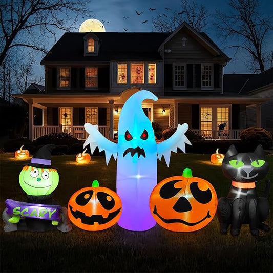 8FT Long Halloween Inflatable Outdoor Decorations Pumpkin Ghost and Black Cat Inflatable Yard Decoration with Build in LEDs Blow Up Ghost for Indoor Outdoor Party Lawn Yard Garden Decor