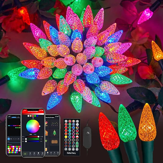 Brightown Smart C6 Christmas Lights Outdoor, 50 LED Christmas Color Changing Fairy Lights App Control, Music Sync, RGB, Shatterproof Connectable C6 String Lights for Tree House Indoor Xmas Decor