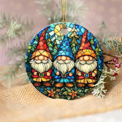 Christmas Gnome Ornament Round Ceramic Stained Glass Style Ornament Xmas Keepsake for Christmas Tree Winter Holiday Xmas Gift for Women Men Xmas Hanging Ornament 3"