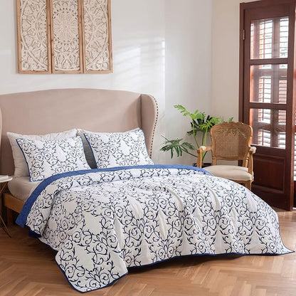 Mixinni Reversible Quilt 3-Piece Blue Embroidery Pattern Elegant Quilt Set with Embroidered Decorative Shams Soft Bedspreads & Coverlet Set - Full/Queen