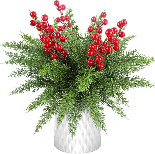 HOHOTIME 6 Pcs Christmas Artificial Pine Stems with Red Berry, 17.7 inch Faux Norfolk Cypress Leaves Branches for Christmas Decoration, Fake Foliage Pine Picks for DIY Craft Xmas Home Decor