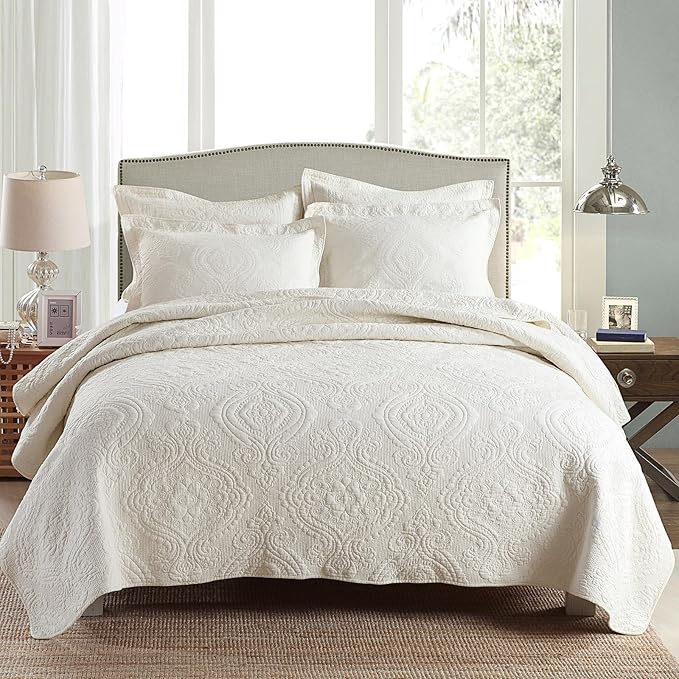 mixinni 3 Piece Quilt Set King Size Bedspread Coverlet Set Beige/Cream Paisley Pattern Quilt Bedding Set, Cotton Lightweight Bed Cover with Pillow Shams for All Seasons-King Size