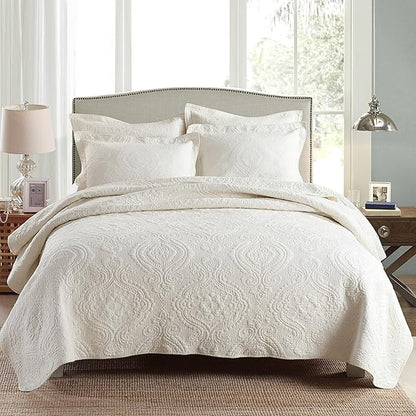 mixinni 3 Piece Quilt Set King Size Bedspread Coverlet Set Beige/Cream Paisley Pattern Quilt Bedding Set, Cotton Lightweight Bed Cover with Pillow Shams for All Seasons-King Size