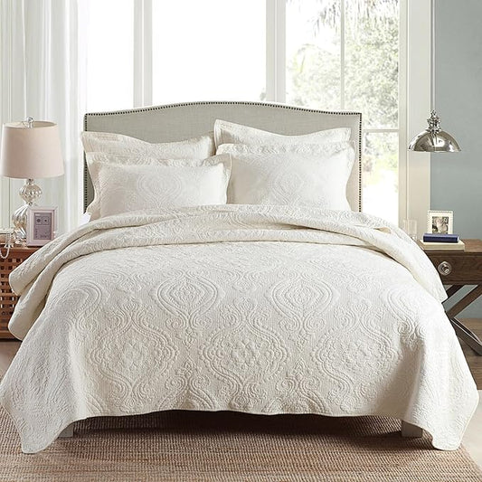 mixinni 3 Piece Quilt Set King Size Bedspread Coverlet Set Beige/Cream Paisley Pattern Quilt Bedding Set, Cotton Lightweight Bed Cover with Pillow Shams for All Seasons-King Size