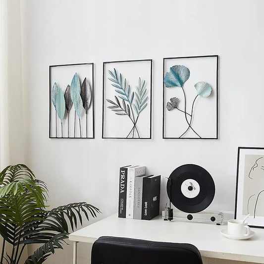 FUNTEREST Black Leaf Wall Decor Modern Wall Art Home Decor, Set of 3 Metal Wall Hanging Decoration for Living Room Office Bedroom Hotel