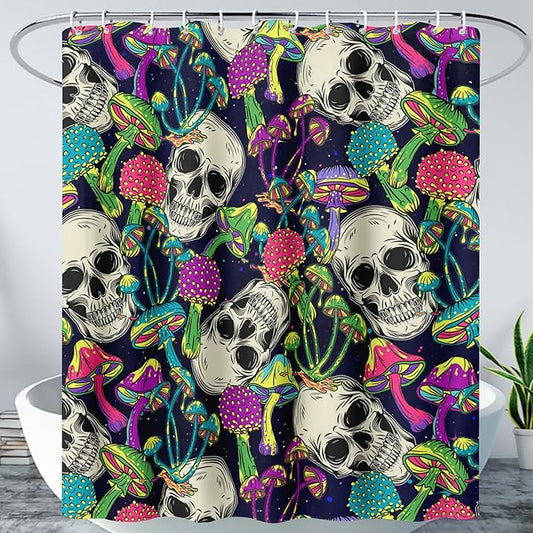 AILONEN Skull Shower Curtain for Bathroom,Mushroom Skull Bath Curtain Decoration,Fantasy Fungus Skeleton Print Waterproof Black Curtain with 12 Plastic Hooks, 72" W*78" H