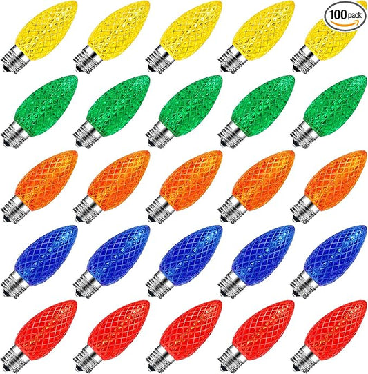 100 Packs C9 LED Replacement Christmas Light Bulbs, C9 Shatterproof LED Bulbs for Christmas Outdoor Indoor String Lights, Waterproof Dimmable Strawberry Holiday Bulbs, E17 Intermediate Base,Multicolor