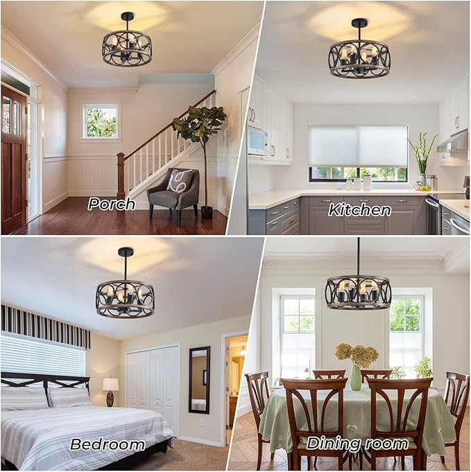 Light Fixtures Ceiling Mount,4-Lights Semi Flush Mount Ceiling Light Fixture,15.7" Black Dining Room Chandelier Rustic Drum Chandelier Pendant Light Fixture with Wood Grain Finish for Kitchen