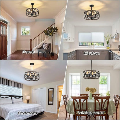Light Fixtures Ceiling Mount,4-Lights Semi Flush Mount Ceiling Light Fixture,15.7" Black Dining Room Chandelier Rustic Drum Chandelier Pendant Light Fixture with Wood Grain Finish for Kitchen