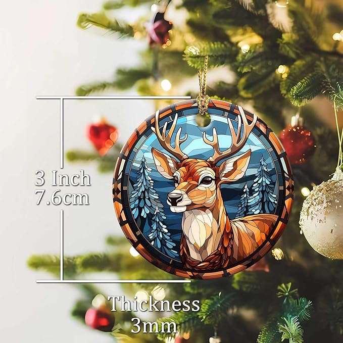Elk Winter Ornament Round Ceramic Stained Glass Style Ornament Xmas Keepsake for Christmas Tree Winter Holiday Xmas Gift for Women Men Xmas Hanging Ornament 3"