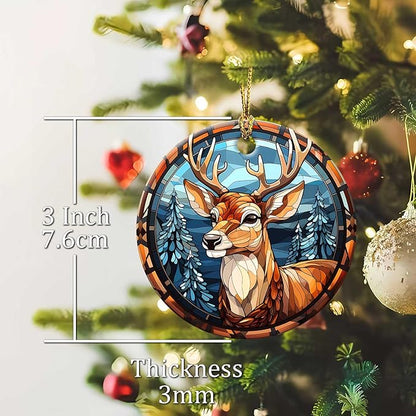 Elk Winter Ornament Round Ceramic Stained Glass Style Ornament Xmas Keepsake for Christmas Tree Winter Holiday Xmas Gift for Women Men Xmas Hanging Ornament 3"