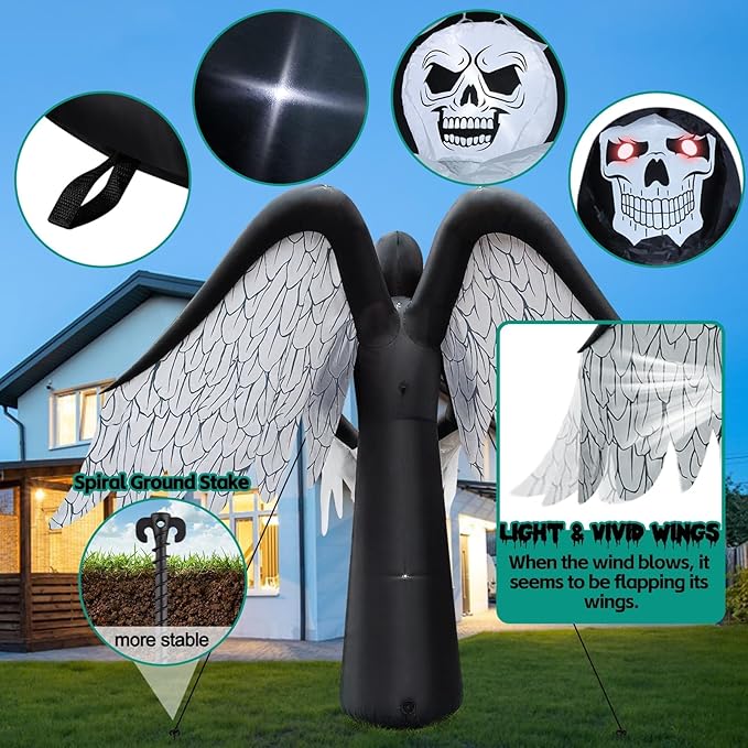 12FT Halloween Inflatables with LED Light, Kalolary Giant Winged Grim Reaper Inflatable Scary Halloween Outdoor Blow Up Decoration Halloween Yard Inflatable for Garden Lawn Home Holiday Party Supplies