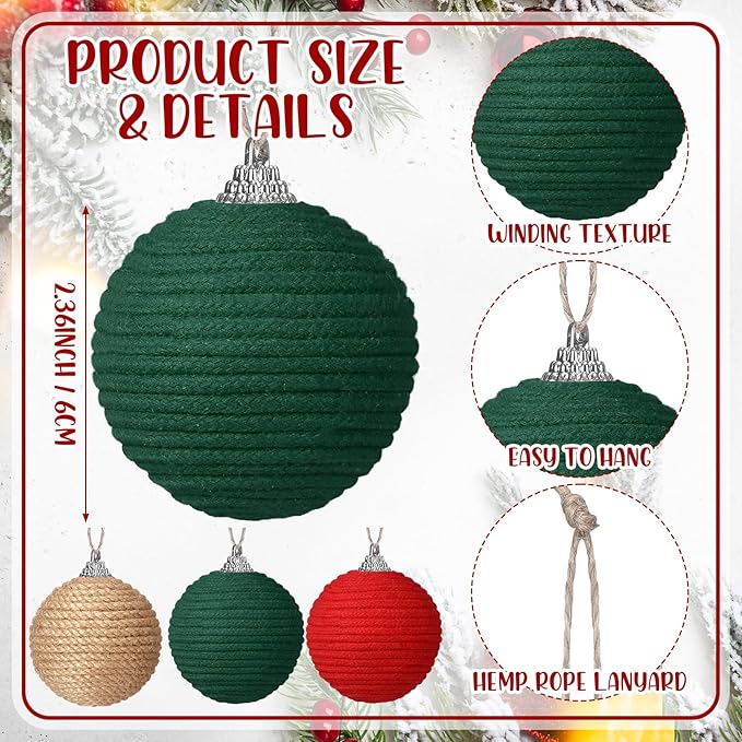 Syhood 9 Pcs 2.36 Inch Christmas Ball Ornaments Boho Farmhouse Jute Rope Hanging Balls Burlap Neutral Rustic Ornaments for Xmas Tree Holiday Wreath Garland Wedding Home(Red, Green, Natural Color)