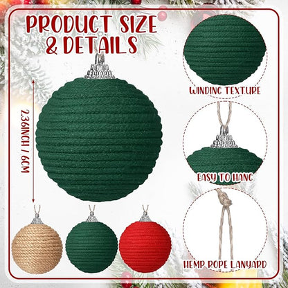 Syhood 9 Pcs 2.36 Inch Christmas Ball Ornaments Boho Farmhouse Jute Rope Hanging Balls Burlap Neutral Rustic Ornaments for Xmas Tree Holiday Wreath Garland Wedding Home(Red, Green, Natural Color)