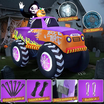 Halloween Inflatables Decorations, 8 Ft Long Outdoor Blow Up Monster Skeleton Truck Car Shape with Inflate Scary Skull Spider Web Wheels Trick or Treat Build-in LEDs for Garden Yard Lawn Party Decors