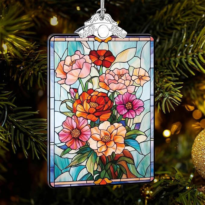 Floral Stained Glass Ornament, 2025 Christmas Tree Hanging Decoration for Gift Exchange or Stocking Stuffer, Holiday Bloom Decor, 3.8 x 2.4 Inch