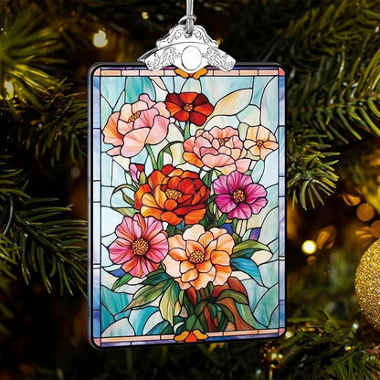 Floral Stained Glass Ornament, 2025 Christmas Tree Hanging Decoration for Gift Exchange or Stocking Stuffer, Holiday Bloom Decor, 3.8 x 2.4 Inch