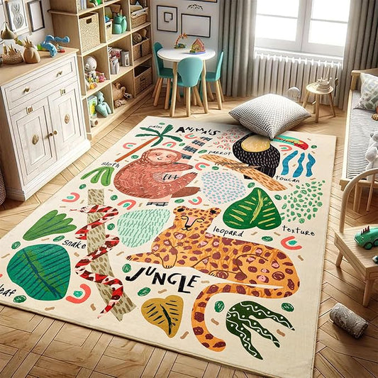 5x7 Cute Animals Nursery Rugs for Girls Boys Neutral, Soft Cartoon Fun Whimsical Forest Jungle Kids Playroom Carpet, Modern Abstract Funky Tropical Leaves Plants Area Rugs for Kids Bedroom Living Room