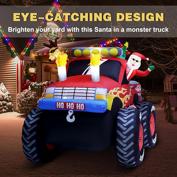 8 FT Long Santa in Monster Truck Christmas Inflatables Outdoor Decorations, Christmas Blow Up Santa Claus Yard Decorations for Garden Lawn Xmas Decor