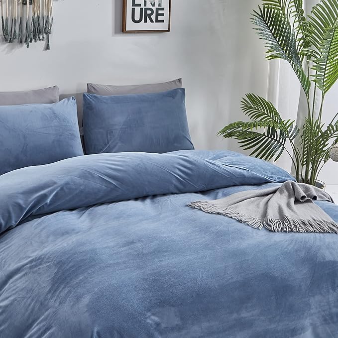 Cottonight Blue Velvet Twin Bedding - Bright Blue Flannel Blanket Quilts Winter Warm Thick Heavyweight 3 Pcs Comforter Set