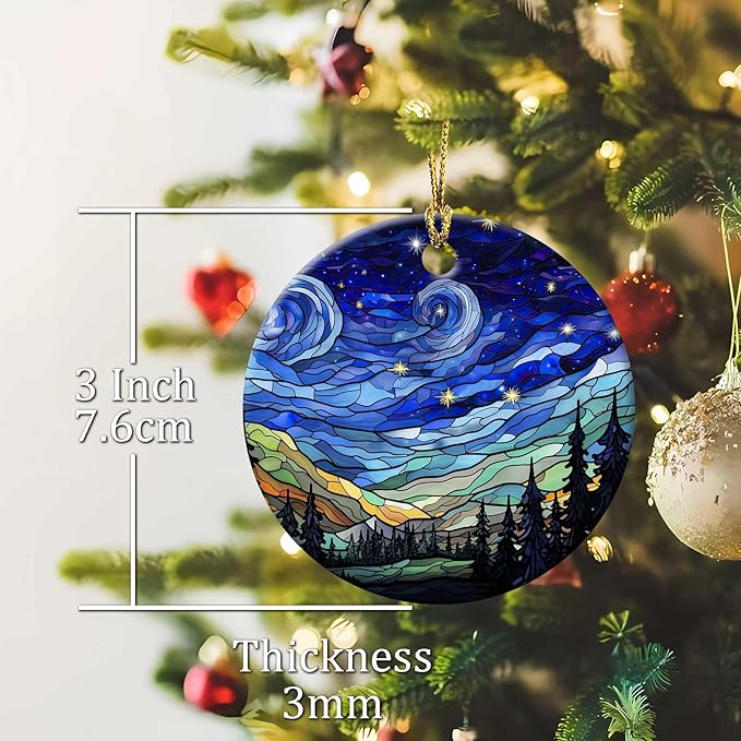 Starry Night Ornament Round Ceramic Ornament Xmas Keepsake for Christmas Tree Winter Holiday Xmas Gift for Women Men Xmas Hanging Ornament 3" #1