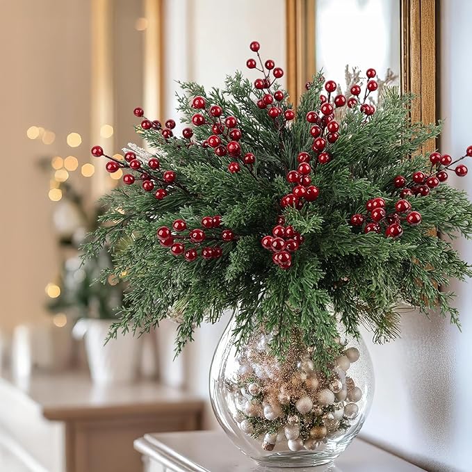12Pcs/84Pcs Christmas Artificial Pine Branches with Red Berry Stems, 18‘’ Faux Evergreen Christmas Tree Picks, Cedar Cypress Leaves Stems for Xmas Decorations Indoor DIY Craft Garland Home Decor