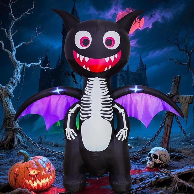 6.8FT Halloween Inflatables Outdoor Decorations – Lighted Skeleton Dinosaur Blow Up Yard Decor with LED Lights, Spooky Halloween Dinosaur for Lawn Porch Trick or Treat Party Display