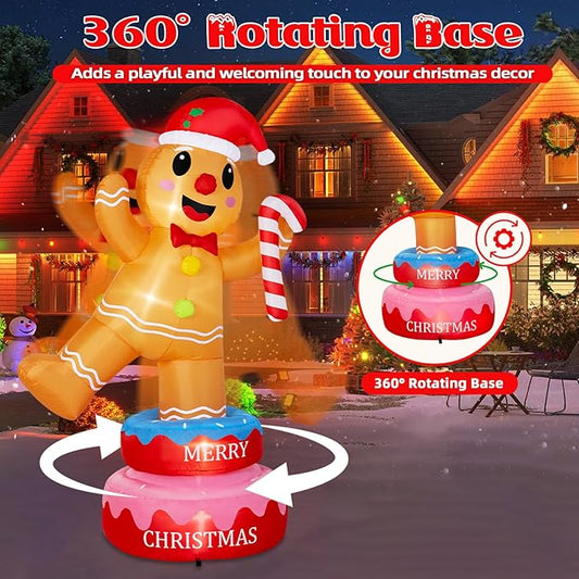 B&D 6FT Christmas Inflatables Outdoor Decorations, Rotating Christmas Inflatable Gingerbread Man Stands on The Turntable Lighted Christmas Blow Up Yard Decorations for Xmas Party Garden Lawn Decor