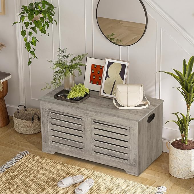 DINZI LVJ Storage Chest, Flip-Top Wooden Toy Box with 2 Safety Hinges, Entryway Shoe Storage Bench, Good Ventilation, Storage Trunk for Living Room, Bedroom, Easy Assembly, Grey Wash