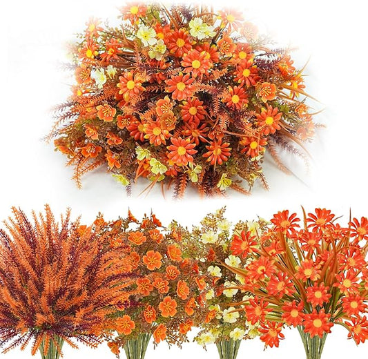 24 Pcs Artificial Fall Flowers, UV Resistant Fall Plants Outdoor Fake Plastic Flowers Bunches for Autumn Thanksgiving Home Front Door Window Box Indoor Outside Decor