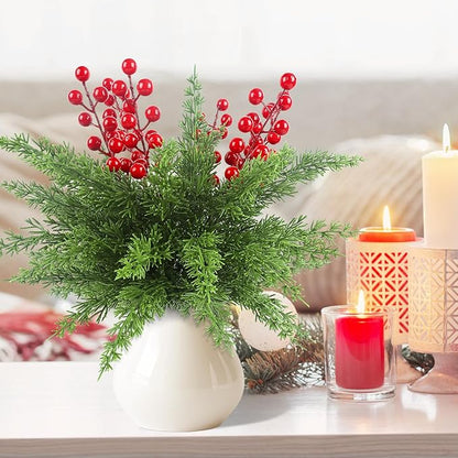 HOHOTIME 6 Pcs Christmas Artificial Pine Stems with Red Berry, 17.7 inch Faux Norfolk Cypress Leaves Branches for Christmas Decoration, Fake Foliage Pine Picks for DIY Craft Xmas Home Decor