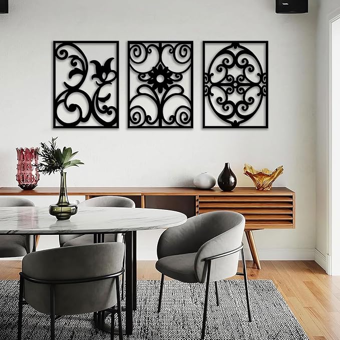 CHATYOUNG Metal Boho Wall Art - 3 Piece Modern Minimalist Wall Sculptures Geometric Black and White Artwork for Living Room Bedroom Kitchen Home Office Decor 36x16 IN