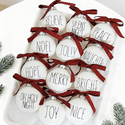Christmas Decoration, White Christmas Ornament with Buffalo Plaid Bows, Christmas Tree Decor, Set,12PCS