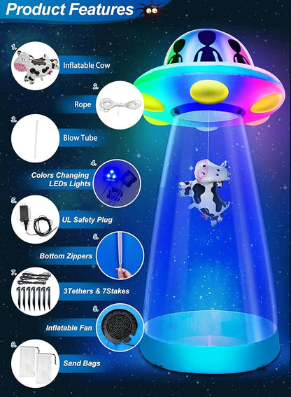 [ 3 Colors Changing Light ] 10 Ft Tall Halloween Inflatable UFO Cow Abduction Decorations with Build-in LEDs Halloween Blow Up UFO for Halloween Decoration Outdoor Yard Garden Lawn Holiday Party Decor