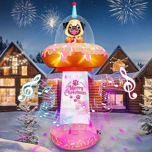 9.5FT Christmas Inflatable with Colorful Light, Kalolary UFO Doughnut Christmas Inflatable with Music, Puppy Xmas Blow Up Yard Decoration Christmas Outdoor Inflatable for Lawn Garden Holiday Party