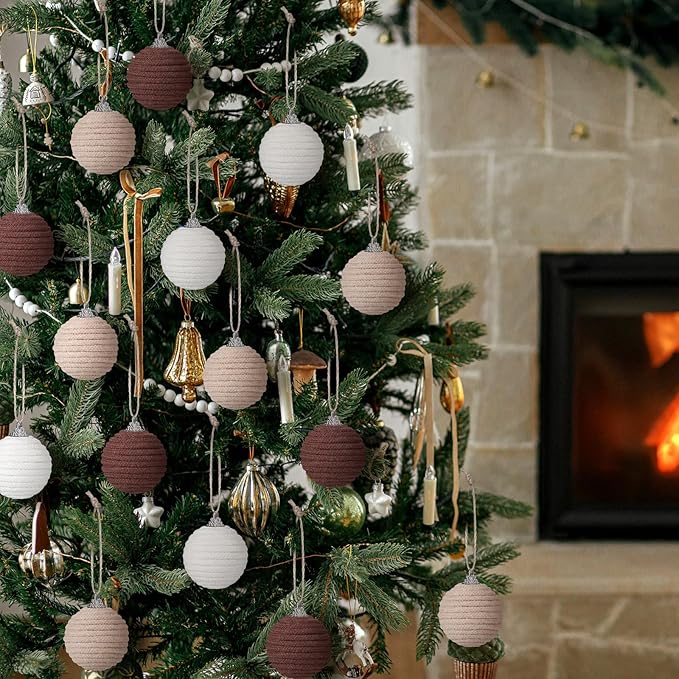 Syhood 18 Pcs 1.57 Inch Christmas Ball Ornaments Boho Farmhouse Jute Rope Hanging Balls Burlap Neutral Rustic Ornaments for Xmas Tree Holiday Wreath Garland Wedding Home