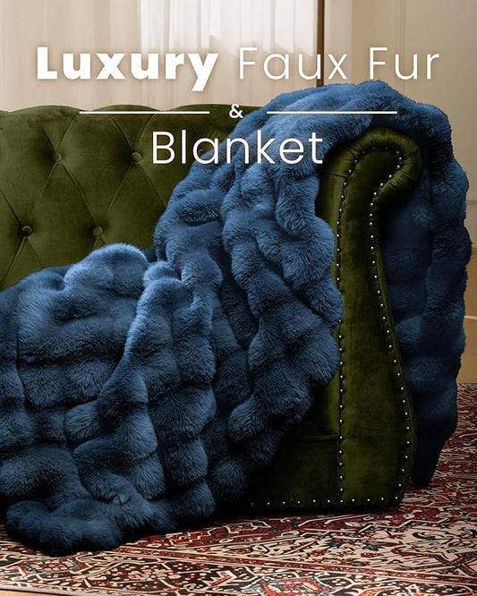 Ultra Soft Cozy Faux Fur Throw Blanket, Fuzzy Plush Thick Bubble Blanket, Oversize Luxury Fluffy Blanket for Couch, Sofa, Bedroom, and Living Room,50x60 Inches,Blue
