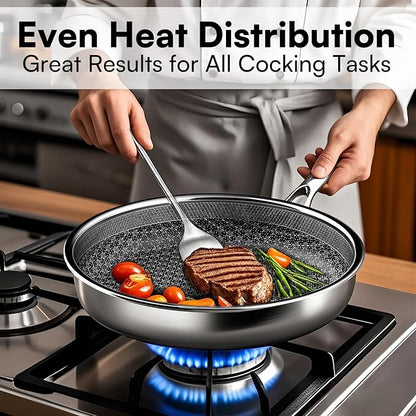 Non Stick Frying Pans with lid, 12 inch Hybrid Frying Pans Nonstick, non stick Stainless Steel Skillets, Dishwasher and Oven-Safe, nonStick Cookware, Induction Compatible Cooking Pan