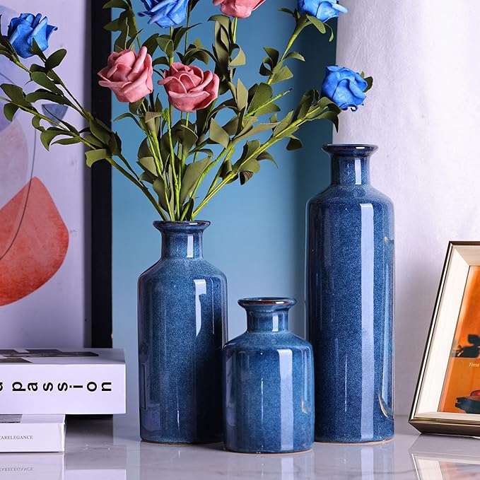 Navy Blue Ceramic Vases Set 3,Modern Farmhouse for Home Decor Bottles,Small Rustic Terracotta Vase for Living Room,CoffeeTable Centerpieces,Fireplace,Entrance,Bookshelf,Dark Blue Coastal Decor
